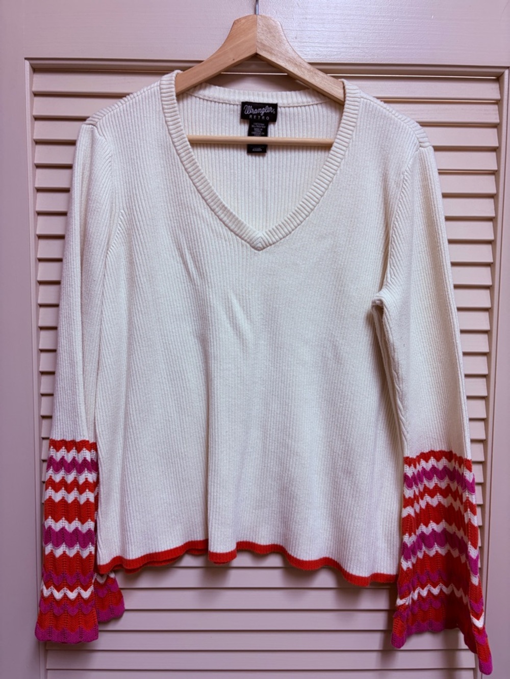 Wrangler Retro Womens XL Cream Rib Knit V Neck Sweater Bell Sleeve Boho Western